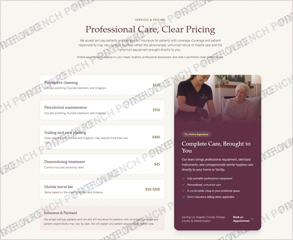 Blessing Smiles patient-facing services and pricing page