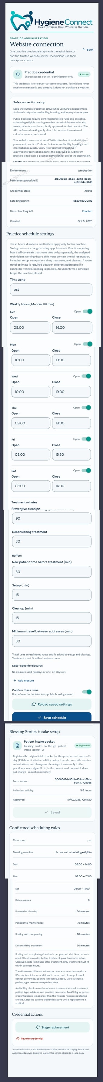 HygieneConnect website connection administration screen